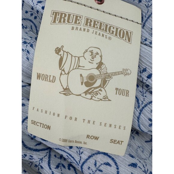 True Religion Womens Boho Top S Blue & White Trellis Print With Princess Seams - Picture 11 of 16